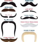 A colorful display of ten iconic mustaches, each labeled with a unique name. The mustaches include styles like 'Wild Bill,' 'Handle Bars,' and 'Fu-Man-Chu,' highlighting their distinct shapes and features. This assortment showcases a whimsical and fun theme.