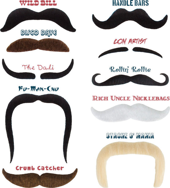 A colorful display of ten iconic mustaches, each labeled with a unique name. The mustaches include styles like 'Wild Bill,' 'Handle Bars,' and 'Fu-Man-Chu,' highlighting their distinct shapes and features. This assortment showcases a whimsical and fun theme.