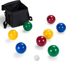 Deluxe Bocce game set by Brybelly featuring eight colorful bocce balls in red, green, yellow, blue, and a white pallino. The set includes a sturdy black carrying case.