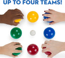 A vibrant game setup for Deluxe Bocce by Brybelly, featuring colorful bocce balls in red, green, blue, yellow, and a white pallino, with hands gripping various balls. Text above reads 'UP TO FOUR TEAMS!' showcasing its multiplayer feature.