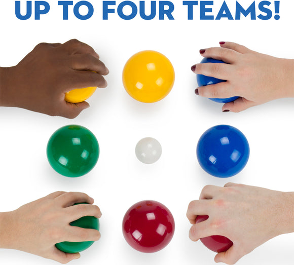 A vibrant game setup for Deluxe Bocce by Brybelly, featuring colorful bocce balls in red, green, blue, yellow, and a white pallino, with hands gripping various balls. Text above reads 'UP TO FOUR TEAMS!' showcasing its multiplayer feature.