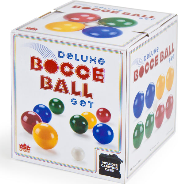 Brybelly Deluxe Bocce Ball Set displayed in its packaging. The box features colorful images of the bocce balls, which include yellow, green, blue, red, and white colors. The packaging emphasizes an included carrying case for easy transport and storage.