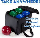 Deluxe Bocce game set by Brybelly, featuring a durable black carrying case. Inside, there are colorful bocce balls in blue, green, red, and white, perfect for outdoor fun and easy transport.