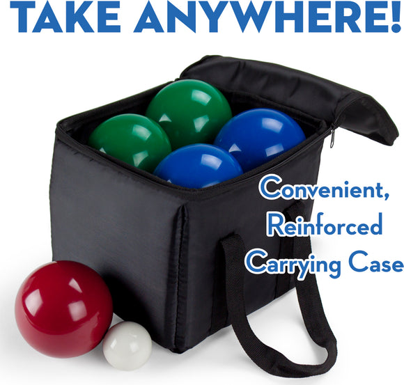 Deluxe Bocce game set by Brybelly, featuring a durable black carrying case. Inside, there are colorful bocce balls in blue, green, red, and white, perfect for outdoor fun and easy transport.