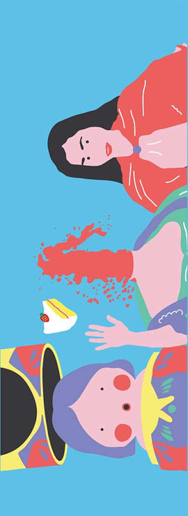 Monikers game by CMYK featuring colorful illustrations of stylized characters. The design includes a slice of cake and splashes of vibrant colors, making it visually engaging and playful.