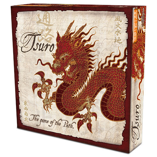 The Tsuro board game by Calliope, featuring a stunning box design with a fierce red dragon on an antique-style background. The artwork symbolizes the game’s theme of pathways and strategy, inviting players to navigate their tiles and maintain their path as they journey across the board.