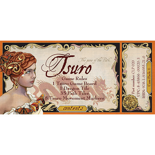 The Tsuro game by Calliope features a beautifully illustrated game box and contents. It includes one game board, one dragon tile, thirty-five path tiles, and eight movement markers, all designed to invite players into the enchanting world of strategic gameplay. The elegant artwork showcases a woman with intricate hair decor, surrounded by subtle natural motifs.