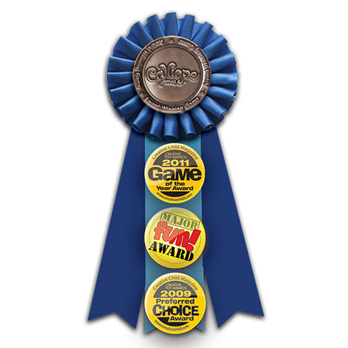 A blue ribbon award from Calliope celebrates the game Tsuro. The ribbon features a bronze medal at the top and three circular labels indicating 'Game of the Year Award 2011', 'Major Fun! Award', and 'Preferred Choice Award 2009', showcasing the game's recognition and popularity.