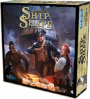 The game 'Ship Shape' by Calliope features a beautifully illustrated box cover showing three characters in a pirate-themed setting. Two men, one muscular with a confident stance and the other dressed in pirate attire, interact over a table stacked with treasure, while a woman with red hair, wearing a historical outfit, looks on with a grin. The title prominently displays 'Ship Shape' with the tagline 'It's a Smuggler's Bounty' beneath it, appealing to fans of adventure and strategy board games.