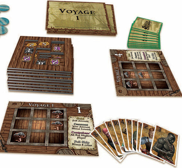 Ship Shape game by Calliope featuring various game components including a stack of cards labeled 'Voyage 1', player boards, and tokens. The game promotes strategic gameplay as players aim to achieve the highest score while interacting with cards that represent different actions and resources.