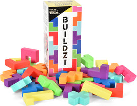 The game BUILDZI by Tenzi features a vibrant assortment of colorful, interlocking pieces arranged around a compact box. The pieces are available in a variety of shapes and hues, including pink, green, blue, yellow, and purple, encouraging creative building and fun gameplay. The box prominently displays the logo 'BUILDZI' along with an engaging design, hinting at the exciting challenge that awaits players.