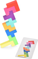 Colorful stacking blocks arranged in a zigzag pattern with a challenge card beside them. The blocks are in various bright colors, including red, pink, purple, blue, green, yellow, and orange, showcasing their unique shapes that interlock for a fun brain-teasing game.