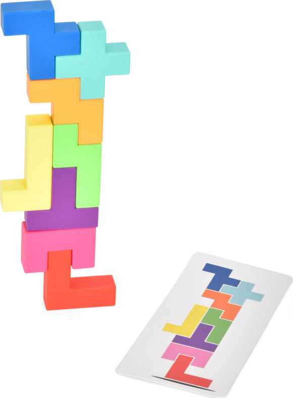 BUILDZI game by Tenzi features colorful, stackable building blocks in various shapes. It includes a challenge card that displays different structures to create, promoting creativity and problem-solving skills.