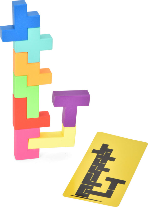 BUILDZI game by Tenzi featuring colorful interlocking blocks in various shapes, designed for stacking and problem-solving. A game card with a layout design is included, showcasing various building challenges to enhance creativity and critical thinking skills.