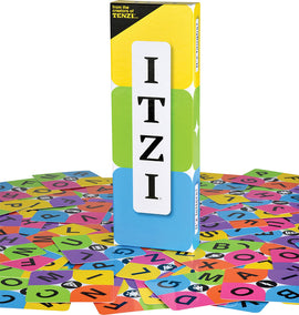 ITZI game by Tenzi features colorful cards with letters and symbols scattered around the game box. The box is prominently displayed, showcasing its vibrant design and branding.