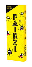 The PAIRZI game box by Tenzi features a bright yellow design with whimsical cartoon characters. It includes playful graphics and large, bold lettering, emphasizing the game's playful theme and excitement, perfect for family and friends.