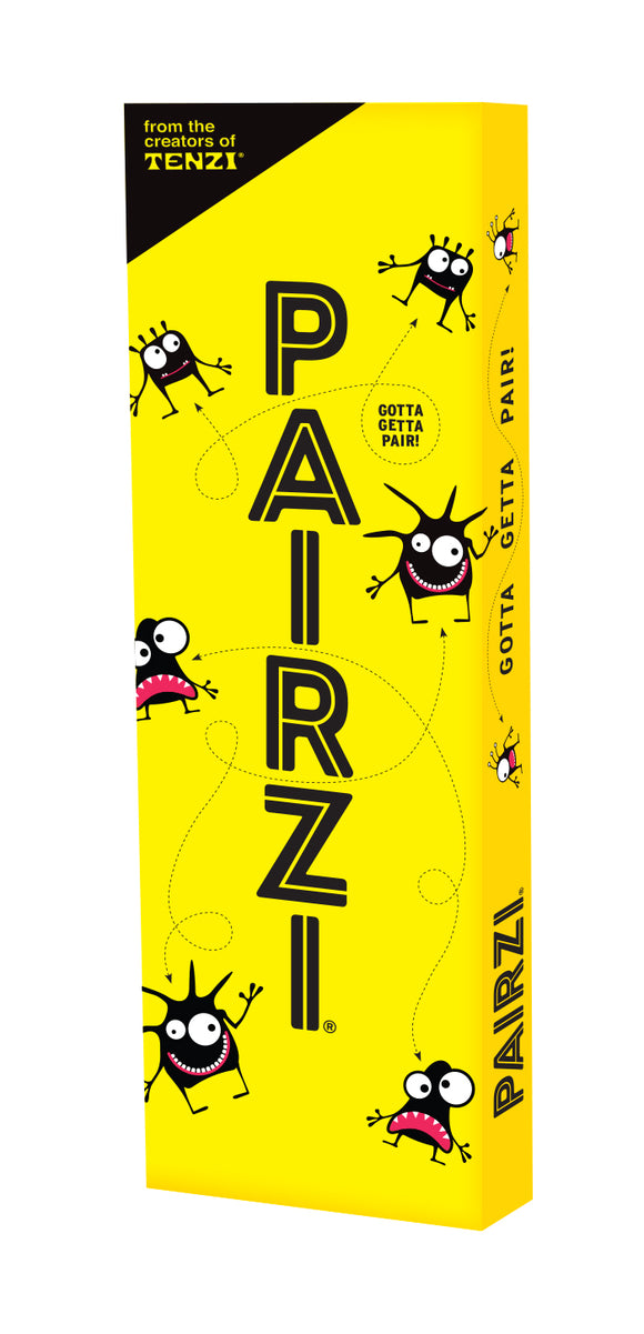 The PAIRZI game box by Tenzi features a bright yellow design with whimsical cartoon characters. It includes playful graphics and large, bold lettering, emphasizing the game's playful theme and excitement, perfect for family and friends.