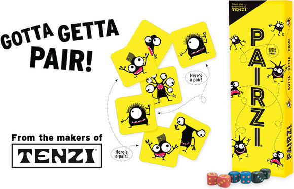 PAIRZI game by Tenzi featuring colorful cards with quirky cartoon monsters. The box shows fun graphics and taglines promoting the game. Ideal for family and friends, encouraging quick thinking and matching skills.