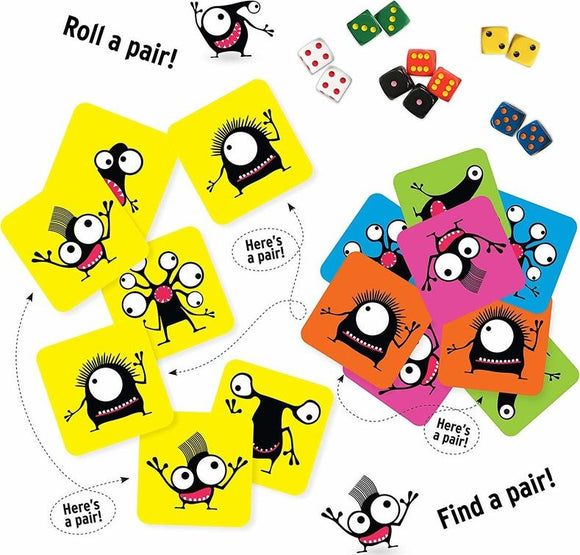 The PAIRZI game by Tenzi features colorful cards with playful monster characters. The vibrant cards are scattered across a surface, with dice and mini game pieces nearby. Some cards show matching pairs, highlighted by arrows and text prompts to 'Roll a pair!' and 'Find a pair!' This engaging game encourages quick matching and social interaction for players of all ages.