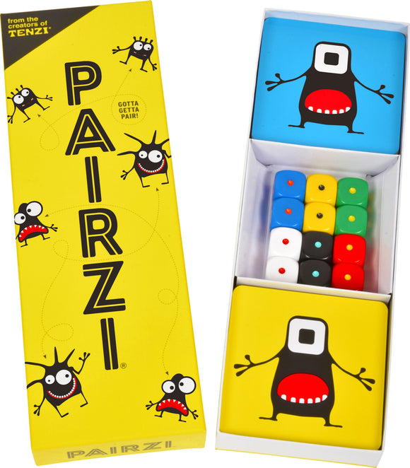 PAIRZI game by Tenzi features a bright yellow box adorned with playful monster graphics. Inside, there are colorful dice and game cards, inviting players to engage in a fun and interactive experience.