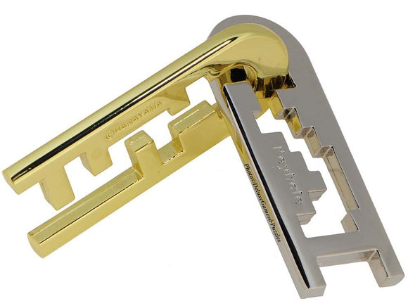 The Cast Keyhole by Hanayama is a sleek mechanical puzzle featuring intricate designs with a shiny gold and silver finish. The puzzle consists of two interlocking pieces that challenge users to separate them. Ideal for puzzle enthusiasts and collectors alike, it combines elegance with stimulating brain-teasing fun.
