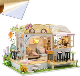 A colorful and detailed DIY miniature kit of a Cat Cafe Garden. The design features a lovely cafe exterior with a cat-themed roof, decorative flowers, and cozy furniture. Inside, there are tables, chairs, and playful cat figurines, creating a charming and inviting atmosphere for cat lovers.