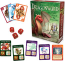 The Dragonwood board game by Gamewright, featuring a vibrant box design with a dragon and adventurers. Included are colorful character cards, gaming dice, and various creature cards like Orange Dragon and Giggling Goblin. Ideal for 2-4 players aged 8 and above.