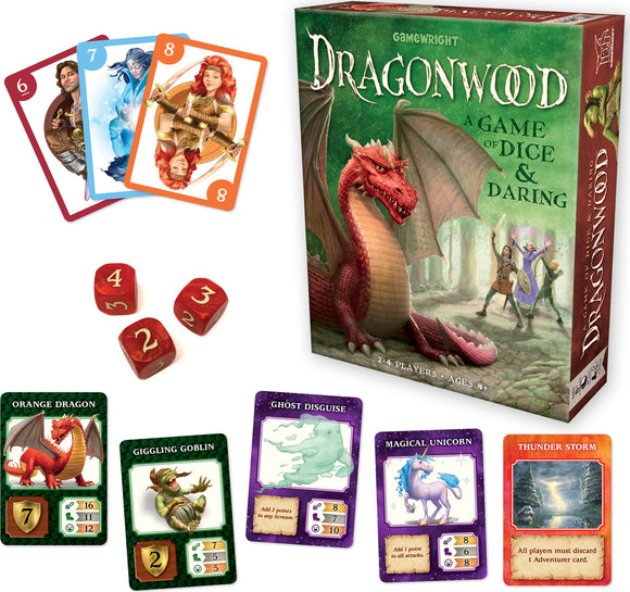 The Dragonwood board game by Gamewright, featuring a vibrant box design with a dragon and adventurers. Included are colorful character cards, gaming dice, and various creature cards like Orange Dragon and Giggling Goblin. Ideal for 2-4 players aged 8 and above.