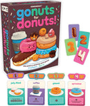 The Go Nuts for Donuts card game from Gamewright, featuring colorful artwork of various donuts and coffee cups. The box is adorned with playful sprinkle designs, showing game elements including score cards for jelly-filled, coffee, glazed, and sprinkled donuts. Ideal for 2-6 players aged 8 and up, this playful and interactive game encourages strategic thinking and fun.