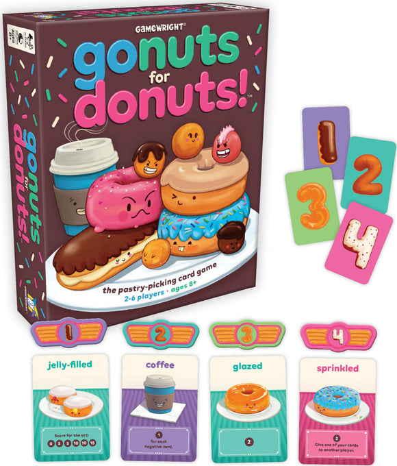 The Go Nuts for Donuts card game from Gamewright, featuring colorful artwork of various donuts and coffee cups. The box is adorned with playful sprinkle designs, showing game elements including score cards for jelly-filled, coffee, glazed, and sprinkled donuts. Ideal for 2-6 players aged 8 and up, this playful and interactive game encourages strategic thinking and fun.