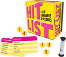 Hit List game by Gamewright featuring a colorful box with bold lettering. Includes clue and answer cards, and a timer. Players identify answers within 30 seconds.
