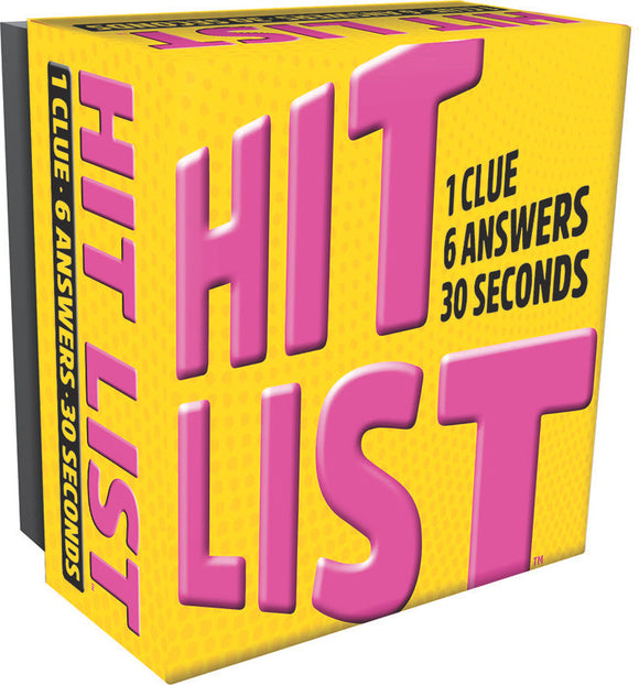 The game 'Hit List' by Gamewright is displayed in its vibrant yellow box with bold pink and black text. The box features the words '1 Clue, 6 Answers, 30 Seconds,' illustrating the quick and fun nature of the game.
