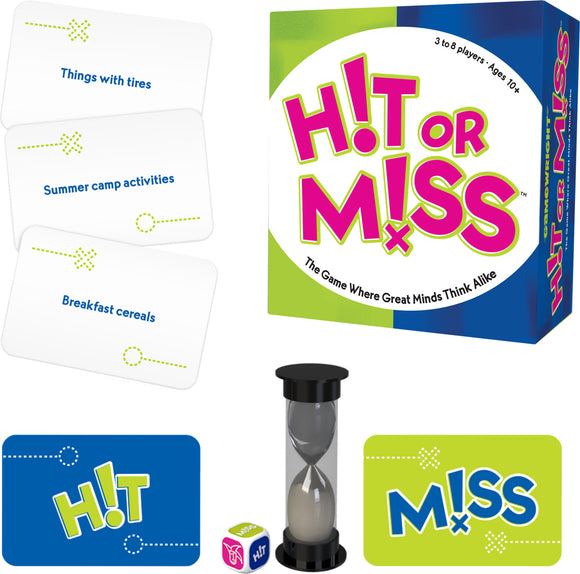 Hit or Miss Port-A-Party game by Gamewright includes colorful game cards, a timer, and a dice. Designed for 3 to 8 players, ages 10 and up, it encourages fun and creative thinking.