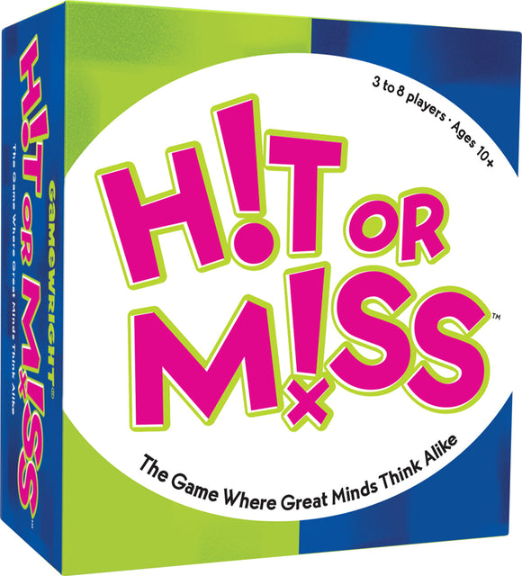 Hit or Miss Port-A-Party game box featuring bright colors and bold typography. Ideal for 3 to 8 players aged 10 and up, promotes fun and camaraderie.