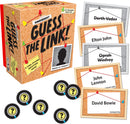 The game 'Guess the Link!' by Gamewright featuring a cardboard box with a corkboard design. The box displays colorful pins and a silhouette of a person, with game components including cards with names like 'Darth Vader,' 'Elton John,' 'Oprah Winfrey,' 'John Lennon,' and 'David Bowie.' There are also question-mark tokens on the side, appealing to a fun and interactive gameplay experience for 2-8 players aged 10 and up.