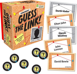 The game 'Guess the Link!' by Gamewright featuring a cardboard box with a corkboard design. The box displays colorful pins and a silhouette of a person, with game components including cards with names like 'Darth Vader,' 'Elton John,' 'Oprah Winfrey,' 'John Lennon,' and 'David Bowie.' There are also question-mark tokens on the side, appealing to a fun and interactive gameplay experience for 2-8 players aged 10 and up.