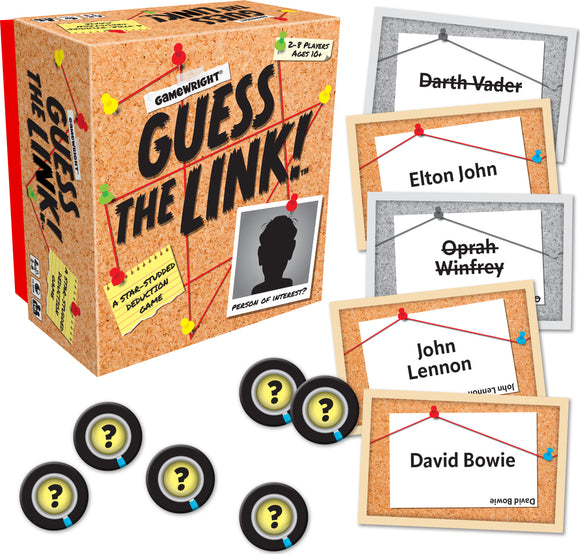 The game 'Guess the Link!' by Gamewright featuring a cardboard box with a corkboard design. The box displays colorful pins and a silhouette of a person, with game components including cards with names like 'Darth Vader,' 'Elton John,' 'Oprah Winfrey,' 'John Lennon,' and 'David Bowie.' There are also question-mark tokens on the side, appealing to a fun and interactive gameplay experience for 2-8 players aged 10 and up.