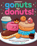 Go Nuts for Donuts card game by Gamewright featuring colorful cartoon donuts with expressive faces stacked on a plate. The game box emphasizes fun with vibrant colors and playful design, perfect for 2-6 players aged 8 and up.
