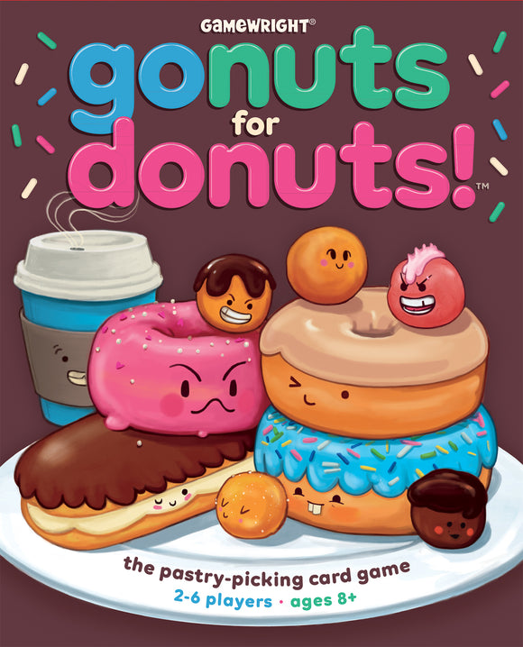 Go Nuts for Donuts card game by Gamewright featuring colorful cartoon donuts with expressive faces stacked on a plate. The game box emphasizes fun with vibrant colors and playful design, perfect for 2-6 players aged 8 and up.