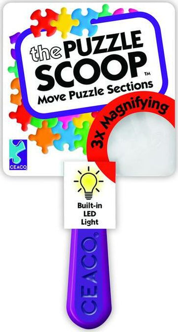 The Puzzle Scoop by CEACO is a jigsaw puzzle aid designed to enhance your puzzle experience. It features a bright purple handle and a magnifying lens that provides 3x magnification for easier sorting of puzzle pieces. The device includes a built-in LED light to illuminate dark or low-light areas, making it perfect for puzzlers of all ages. Colorful puzzle piece designs are featured in the background.