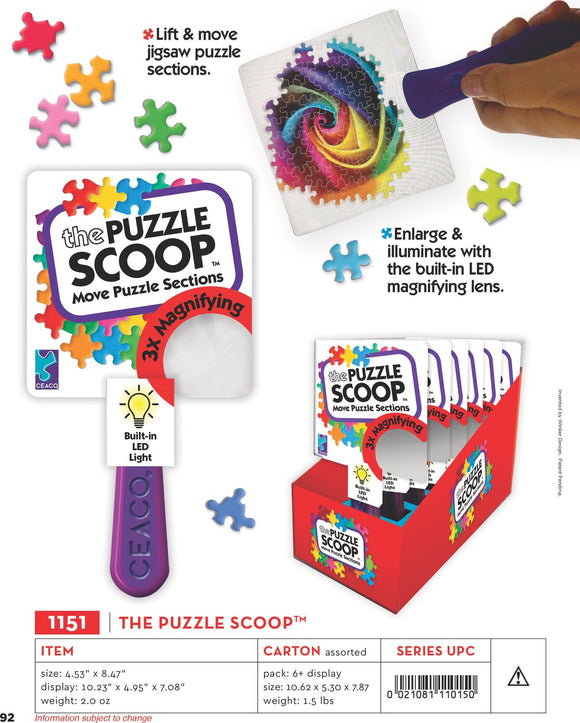 The Puzzle Scoop by CEACO is a unique jigsaw puzzle accessory designed to lift and move puzzle sections effortlessly. It features a built-in LED magnifying lens that enlarges and illuminates the pieces for easier assembly. The product is displayed with colorful jigsaw pieces and illustrations of its functions.