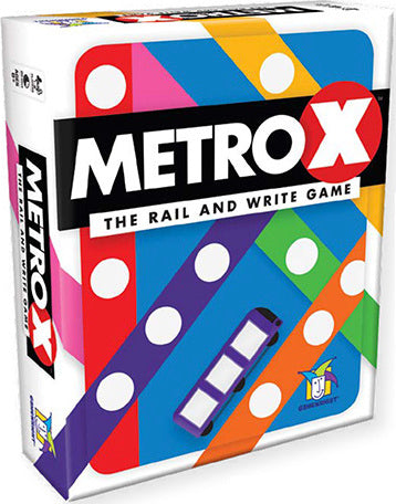 Metro X game by Gamewright, featuring a colorful box design with dots and geometric shapes. The title on the front reads 'Metro X: The Rail and Write Game.' Perfect for family game nights, it promises fun and strategy for players of all ages.