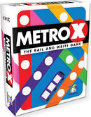 Metro X game by Gamewright, featuring a colorful box design with dots and geometric shapes. The title on the front reads 'Metro X: The Rail and Write Game.' Perfect for family game nights, it promises fun and strategy for players of all ages.