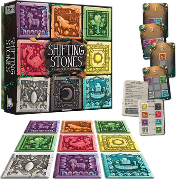 The game 'Shifting Stones' by Gamewright, featuring a colorful box containing tiles with various intricate designs. The box displays the title, 'Shifting Stones: A Game of Tiles & Tactics'. Surrounding the box are sample tiles and cards demonstrating gameplay mechanics, hinting at strategy and tactical elements involved.