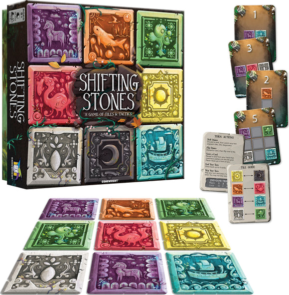 Shifting Stones game by Gamewright featuring a colorful tile board with various designs. Includes tiles with symbols like a horse, a ship, and intricate patterns. The packaging displays the game title and has instructions à la carte, with additional action cards shown on the side. Perfect for strategy enthusiasts looking for tactical gameplay.