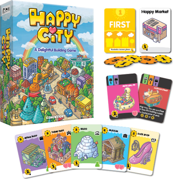 A colorful board game box titled 'Happy City' featuring vibrant illustrations of a whimsical city landscape. The game includes various components: cards like 'Happy Market' and 'Mega Ball Pit', tokens, and building cards such as a repair shop, theme park, igloo, museum, and shoe shop. Perfect for family fun and fostering creativity in city-building.