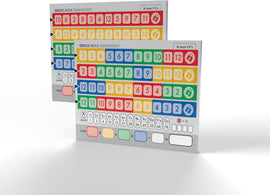 Qwixx Mixx game components featuring two scoring sheets with colorful number grids and various scoring options. The sheets showcase boxes for marking scores and rules for gameplay strategy.
