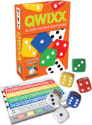 Qwixx dice game by Gamewright featuring colorful dice in various colors. The game box displays vibrant artwork and includes a scoring sheet with numbered rows and color-coded areas for tracking points. Suitable for 2-5 players aged 8 and above, it promises fast-paced family fun.