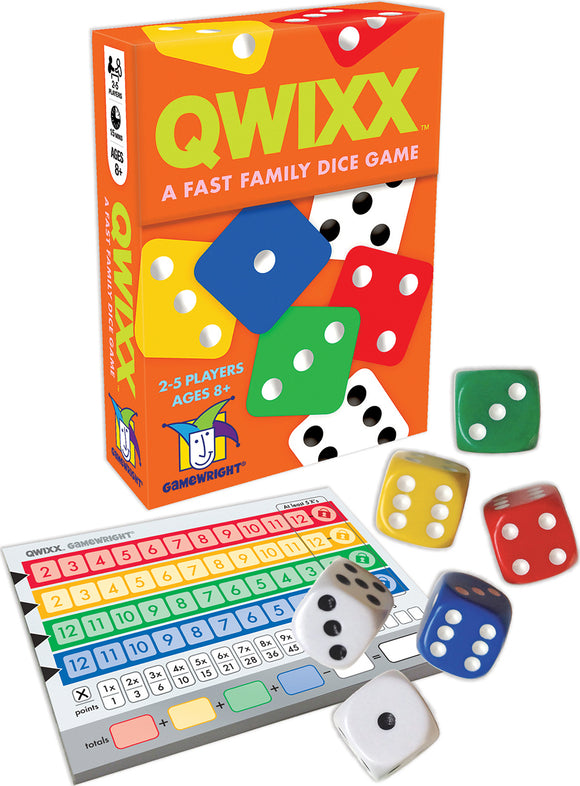 Qwixx dice game by Gamewright featuring colorful dice in various colors. The game box displays vibrant artwork and includes a scoring sheet with numbered rows and color-coded areas for tracking points. Suitable for 2-5 players aged 8 and above, it promises fast-paced family fun.