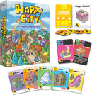 Happy City board game by Gamewright, featuring a colorful box cover and game components. The cover displays a vibrant city scene with buildings, roads, and a rainbow. Included are assorted game cards, tokens, and the 'Happy Market' card, showcasing various structures like a park, museum, and ice cream shop. Perfect for family game nights and fostering creativity.